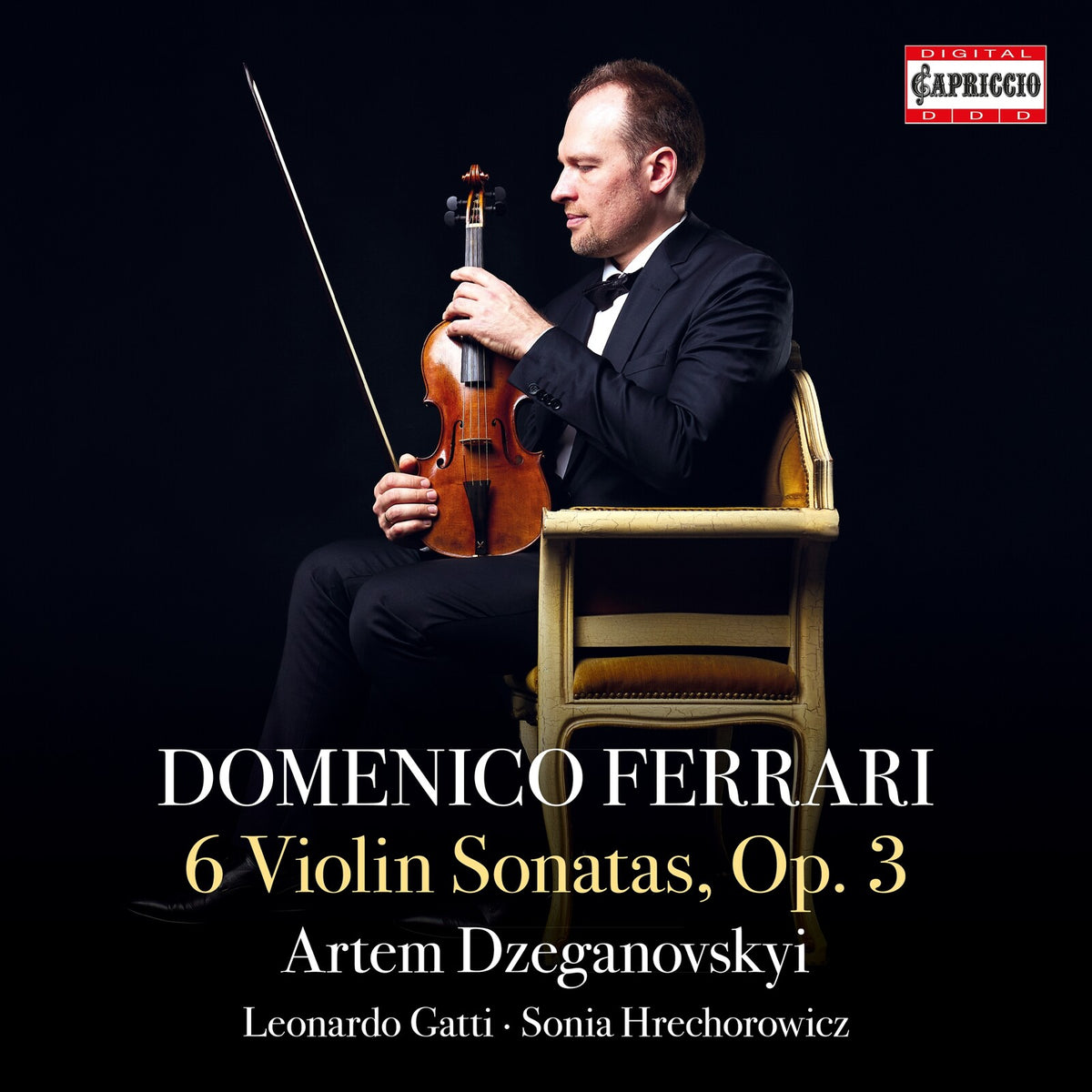 Violinist Artem Dzeganovsky on CD cover for Ferrari’s 6 Violin Sonatas.