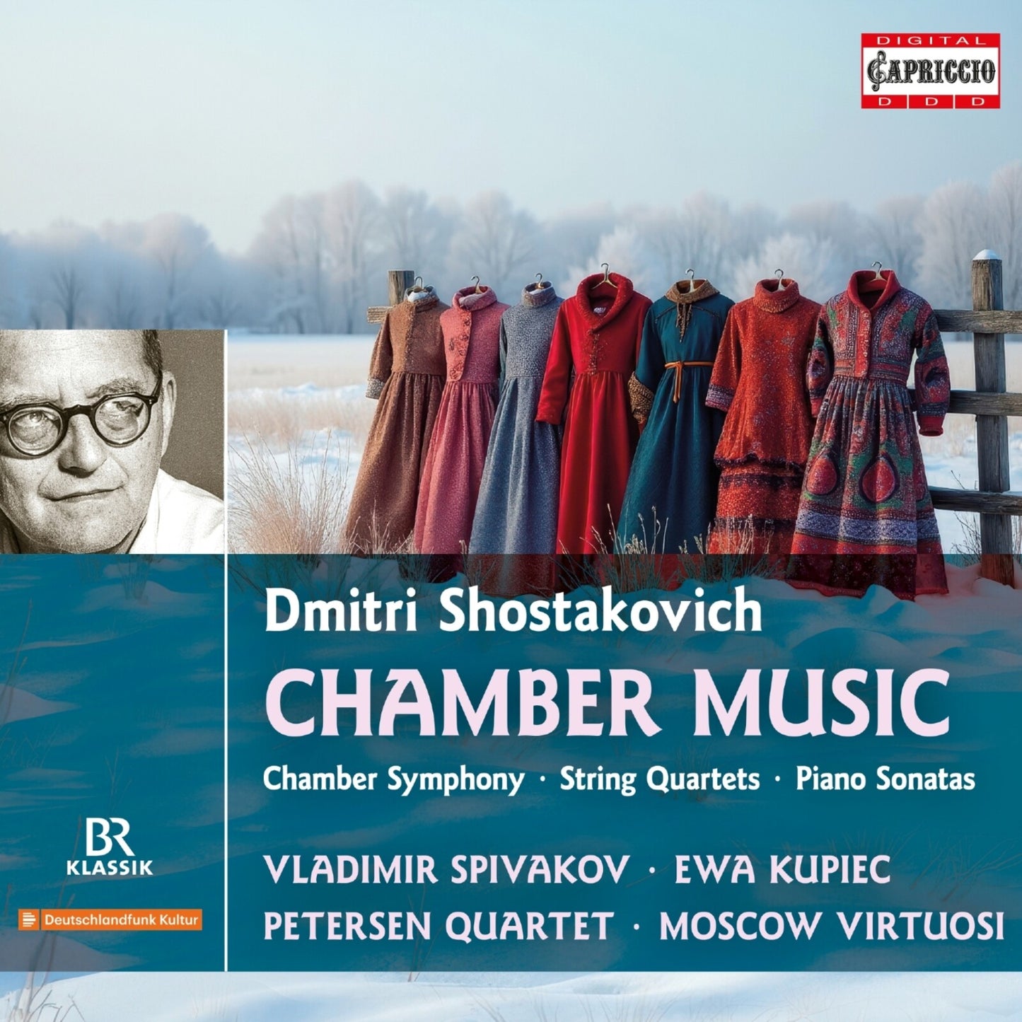 CD cover for Shostakovich chamber music featuring musicians and clothing.