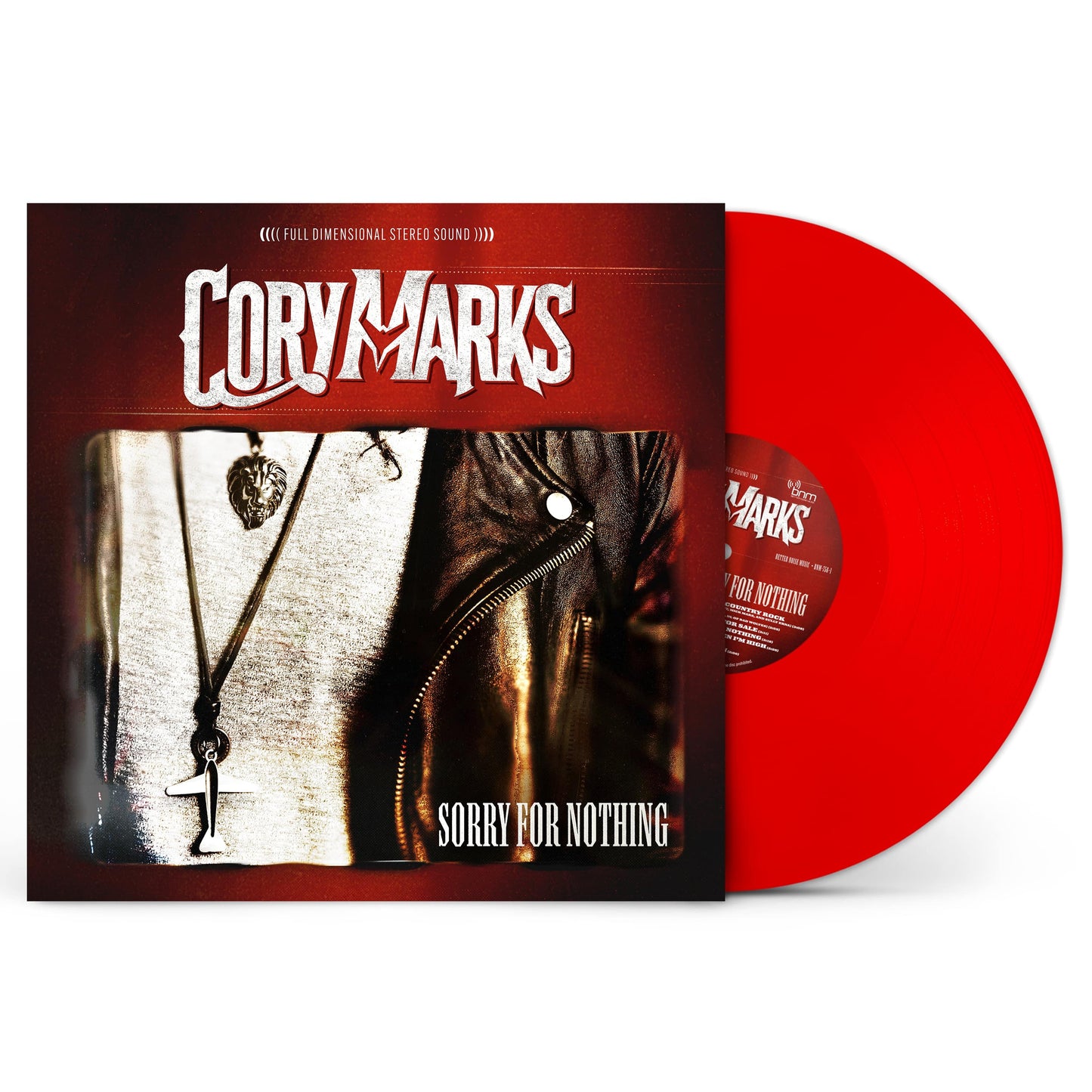 Red vinyl record with artist name "Cory Marks" and portrait cover art.