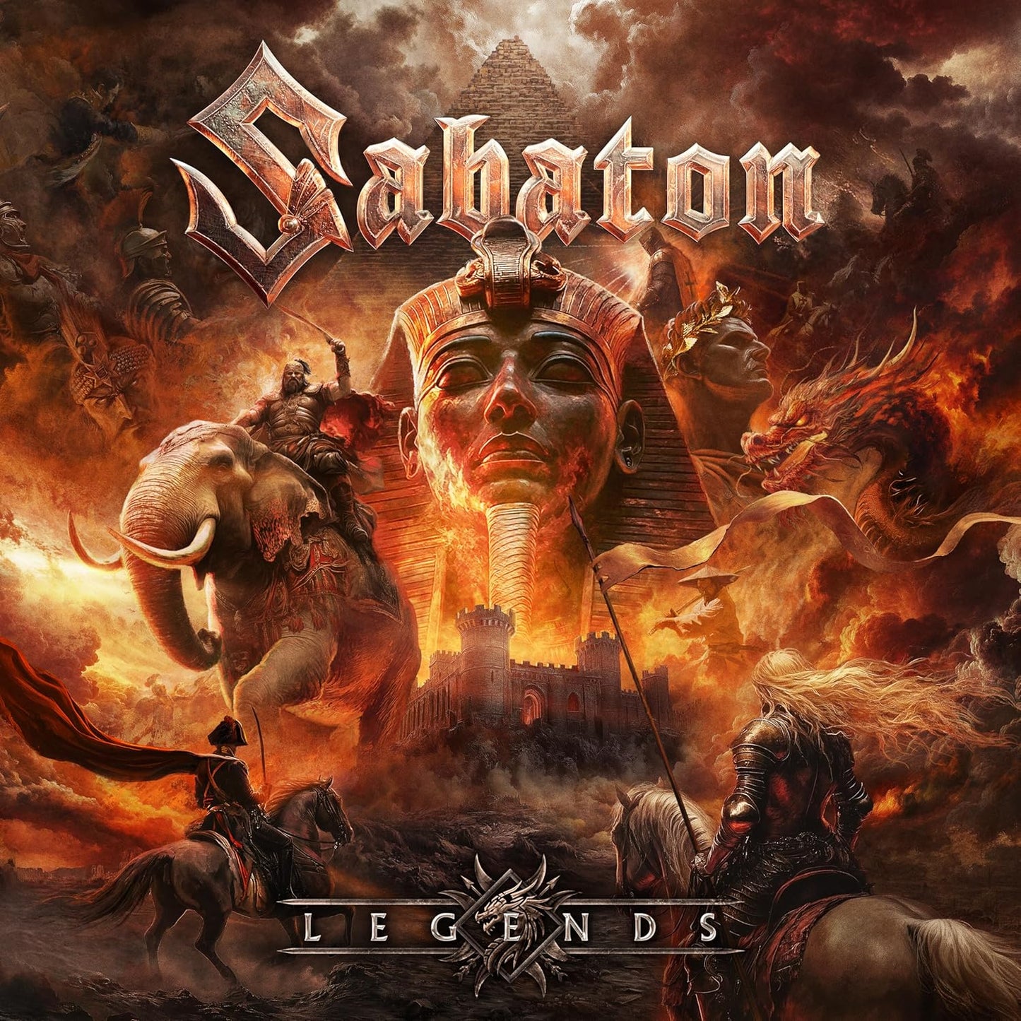 Sabaton’s “Legends” CD cover: Egyptian imagery, soldiers, and a fiery background.