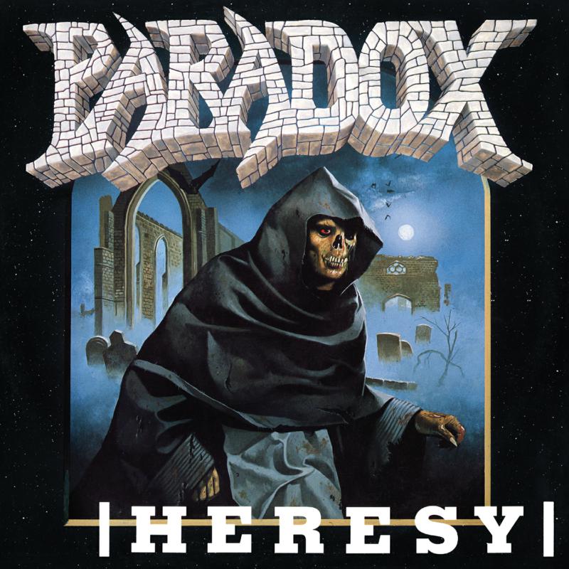 Album cover for Paradox’s “Heresy” featuring a hooded skeleton in a graveyard.
