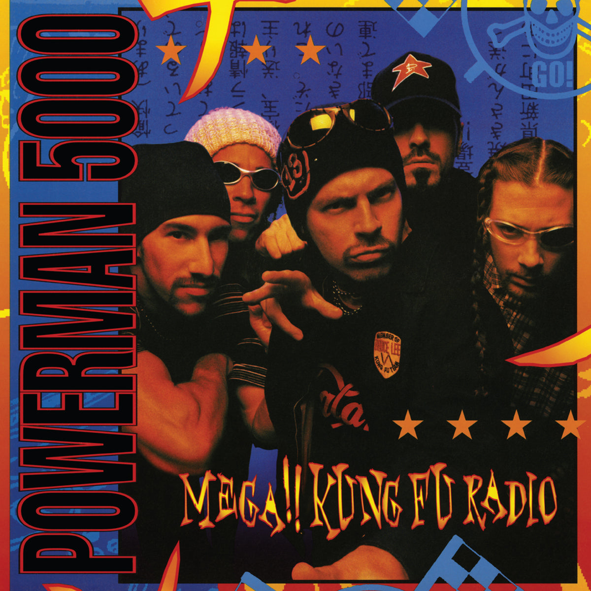 Powerman 5000 album cover, “Mega!! Kung Fu Radio,” featuring band members.