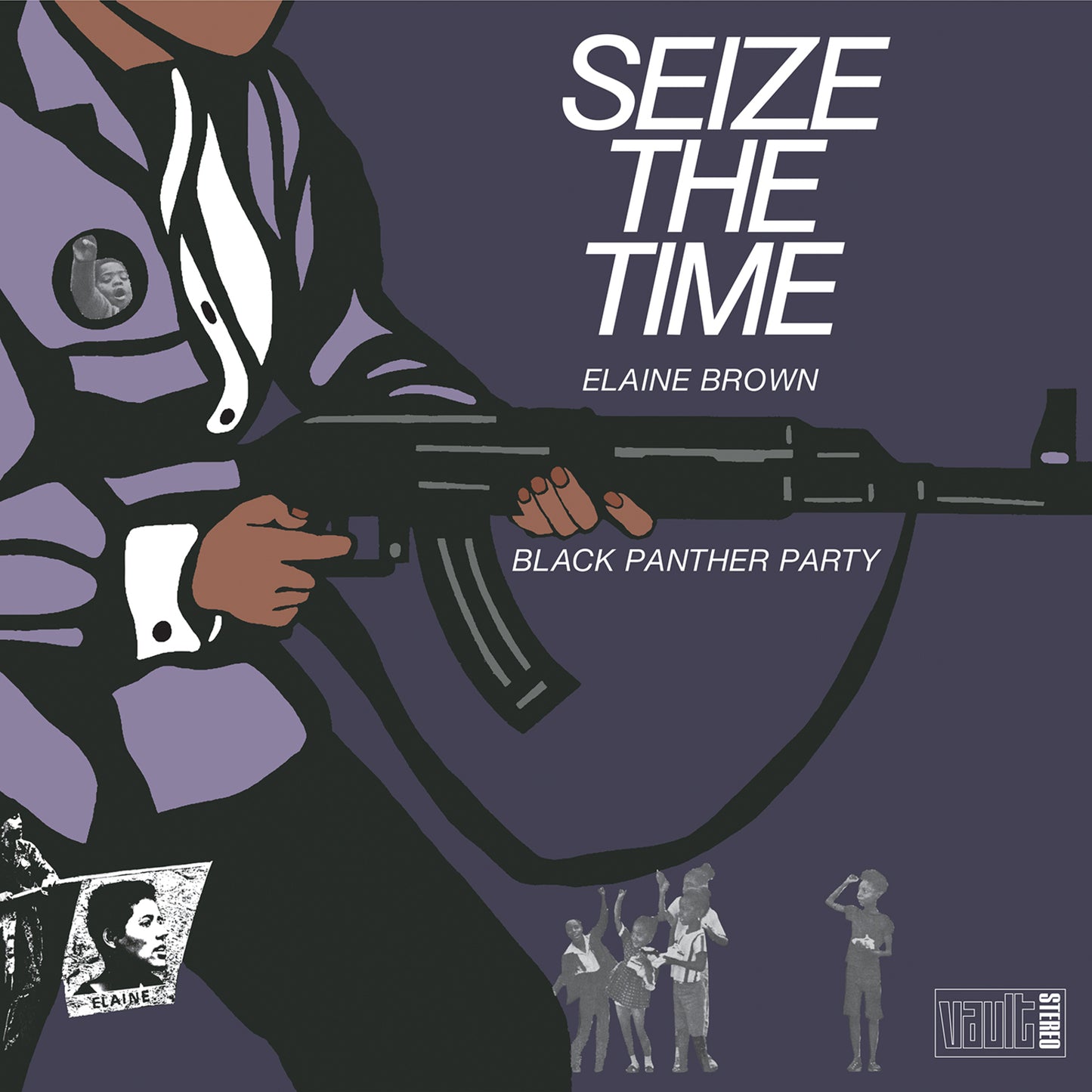 Album cover: "Seize The Time" by Elaine Brown, featuring a gun illustration.
