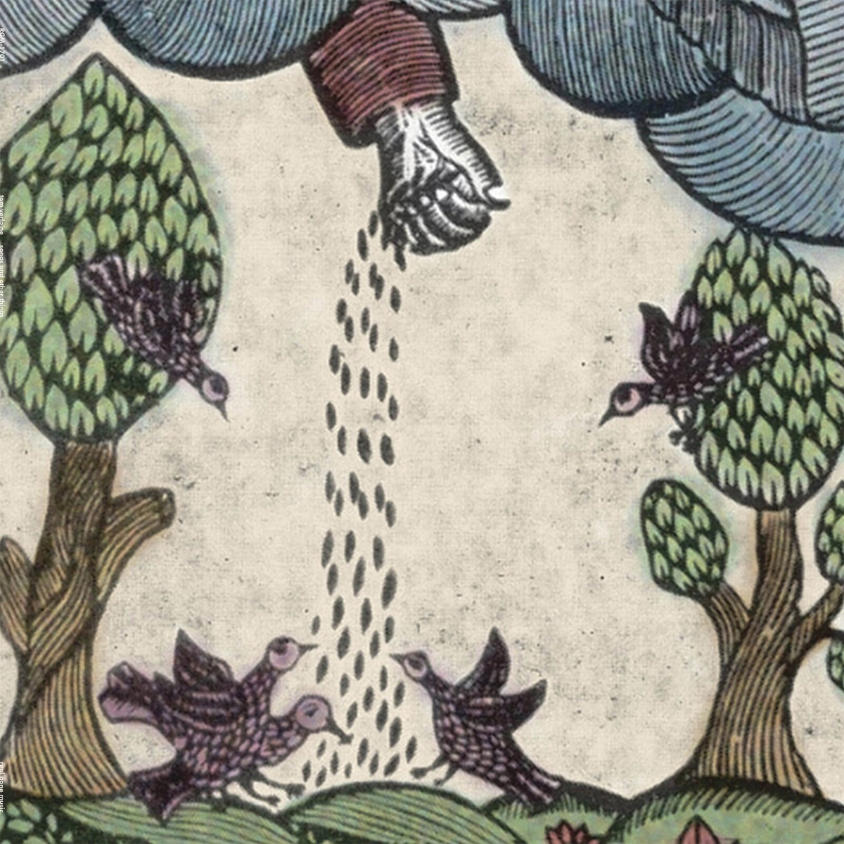 Vintage-style illustration of a hand scattering seeds among trees and birds.