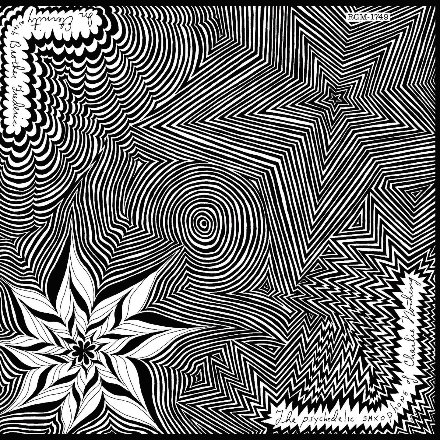 Black and white record cover with swirling, geometric, psychedelic illustration.