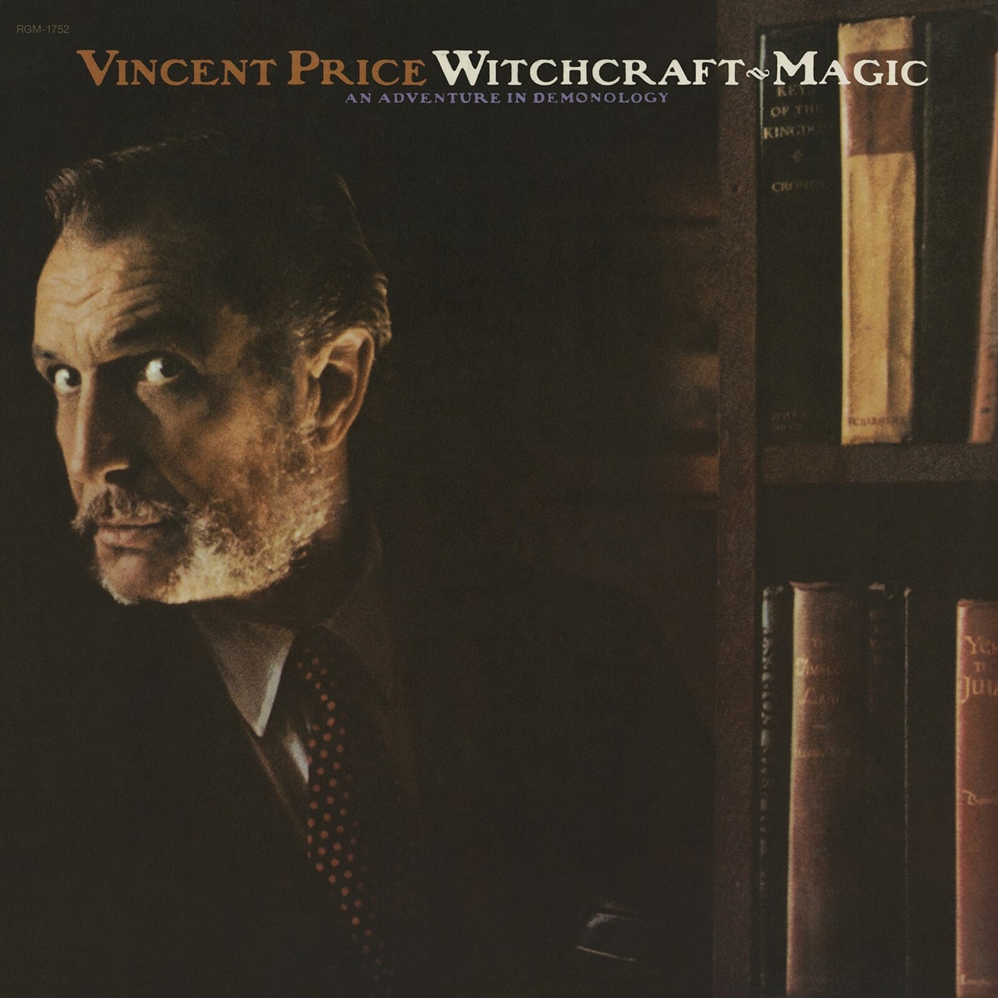 Vincent Price portrait with old books, album cover for "Witchcraft & Magic".
