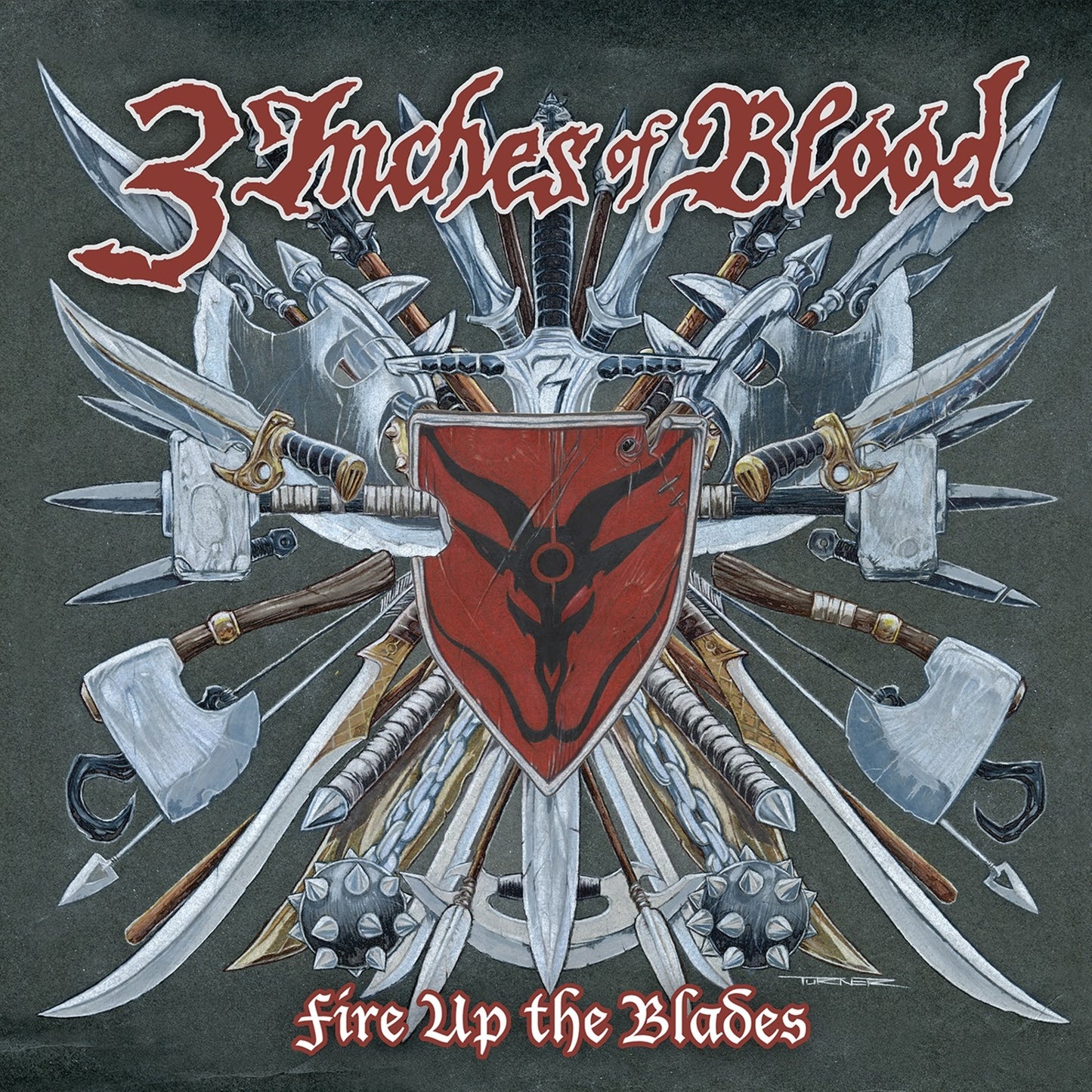 Album cover for "Fire Up The Blades" featuring a red shield and weapons.