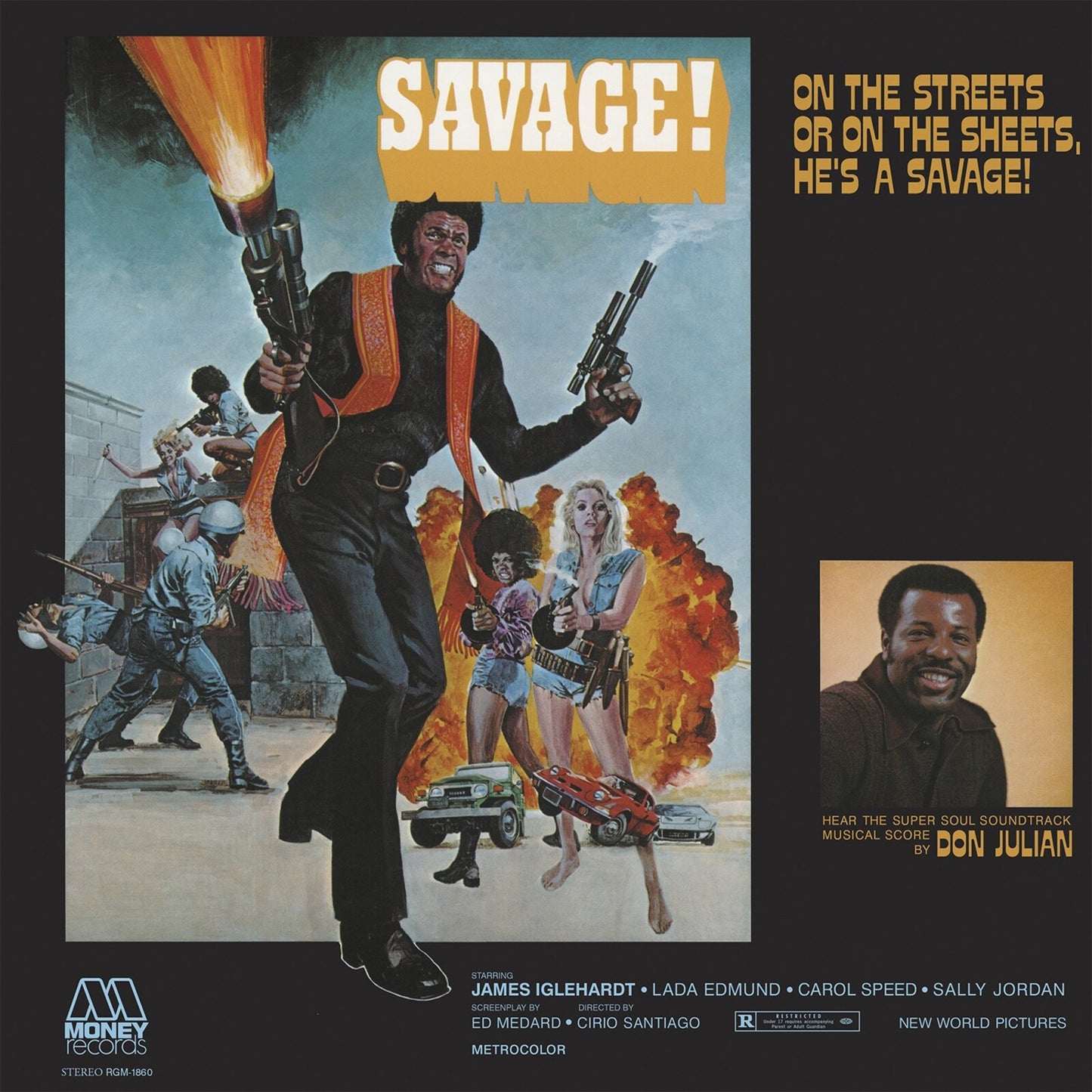 Vintage vinyl album cover featuring a dramatic scene from the film "Savage!".