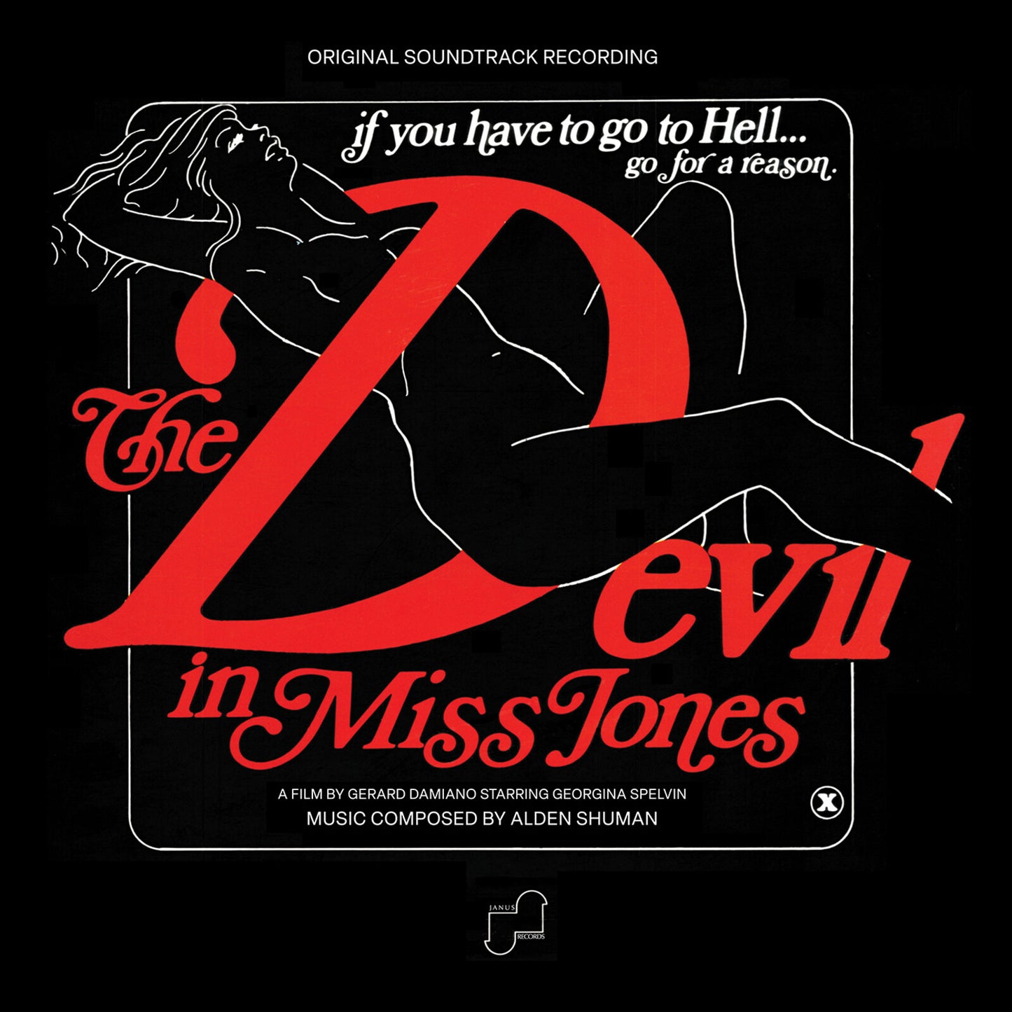 Red and white album cover for “The Devil in Miss Jones” soundtrack.