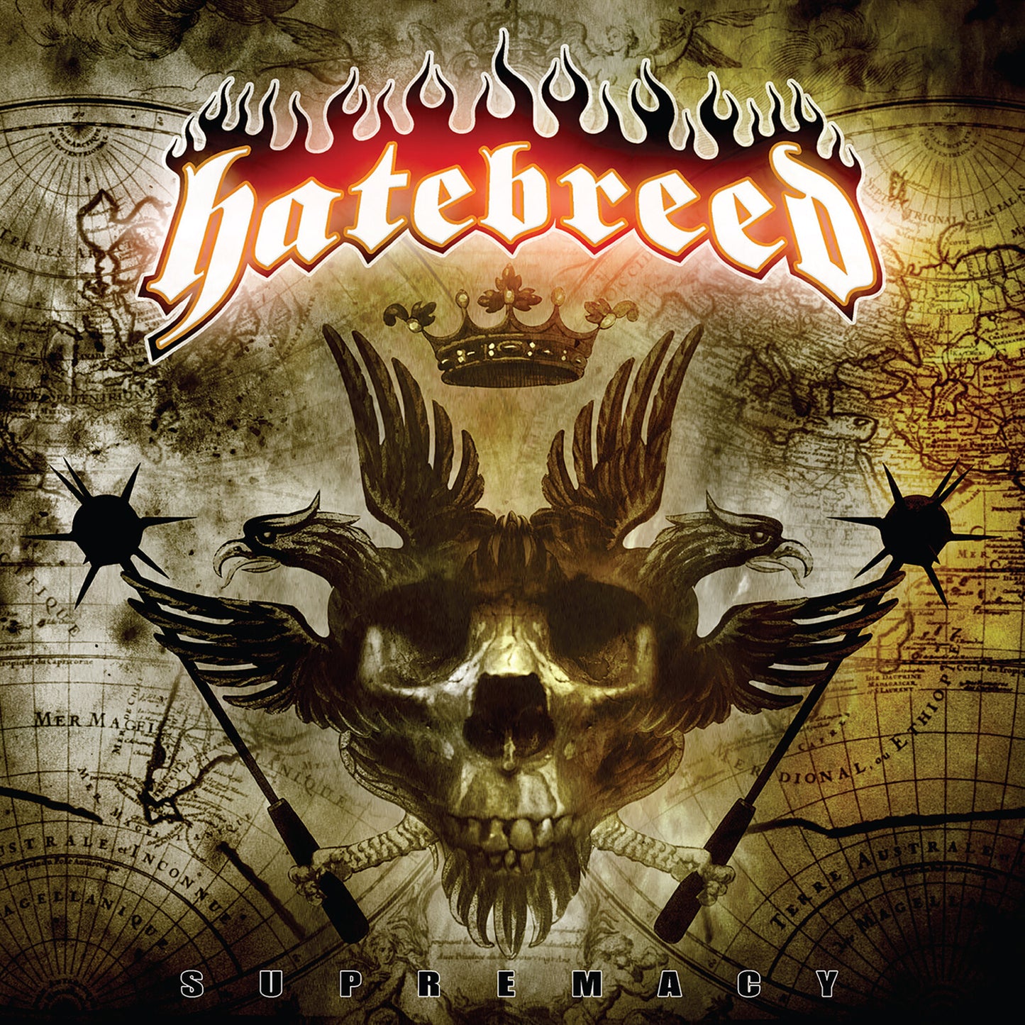 Hatebreed album cover: skull, eagle, crown, and barbed wire on a map background.