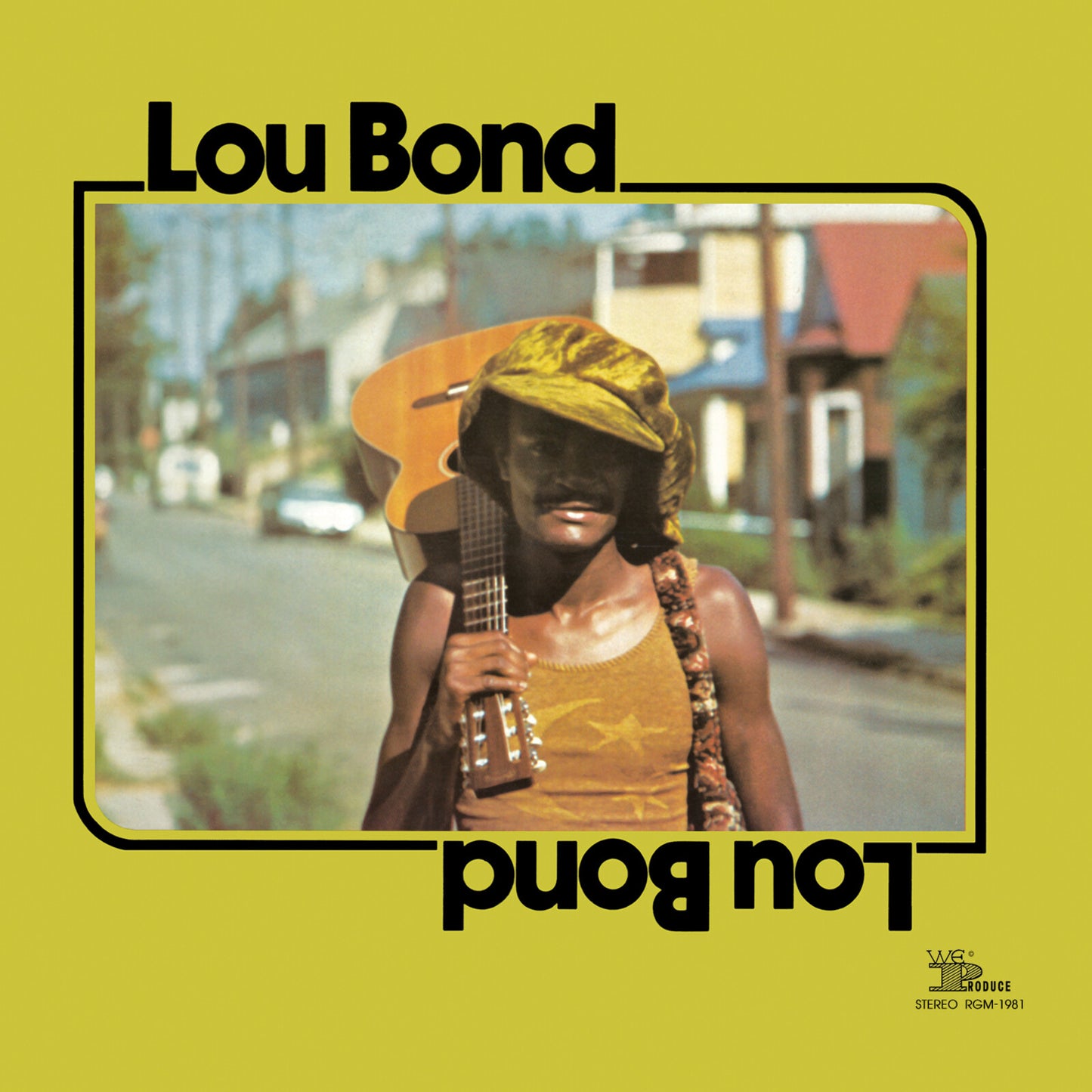 Album cover: Lou Bond, a man playing guitar in front of houses.