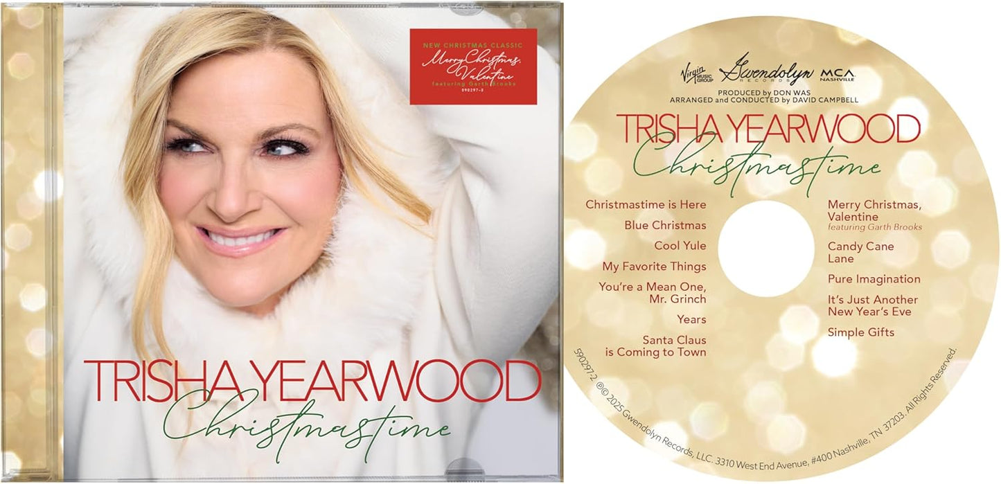Trisha Yearwood “Christmastime” CD cover with artist portrait and tracklist.