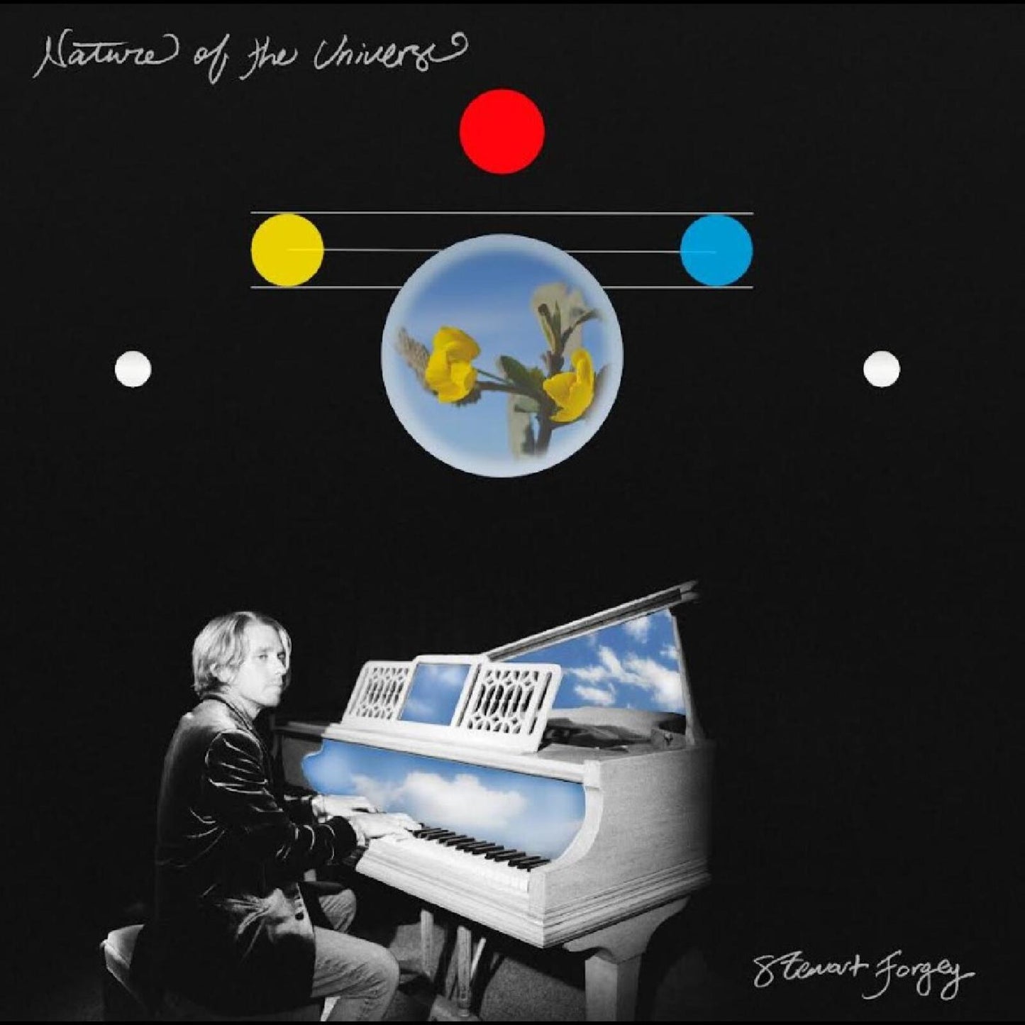 Man playing a piano with a sky interior against a black cosmic background.