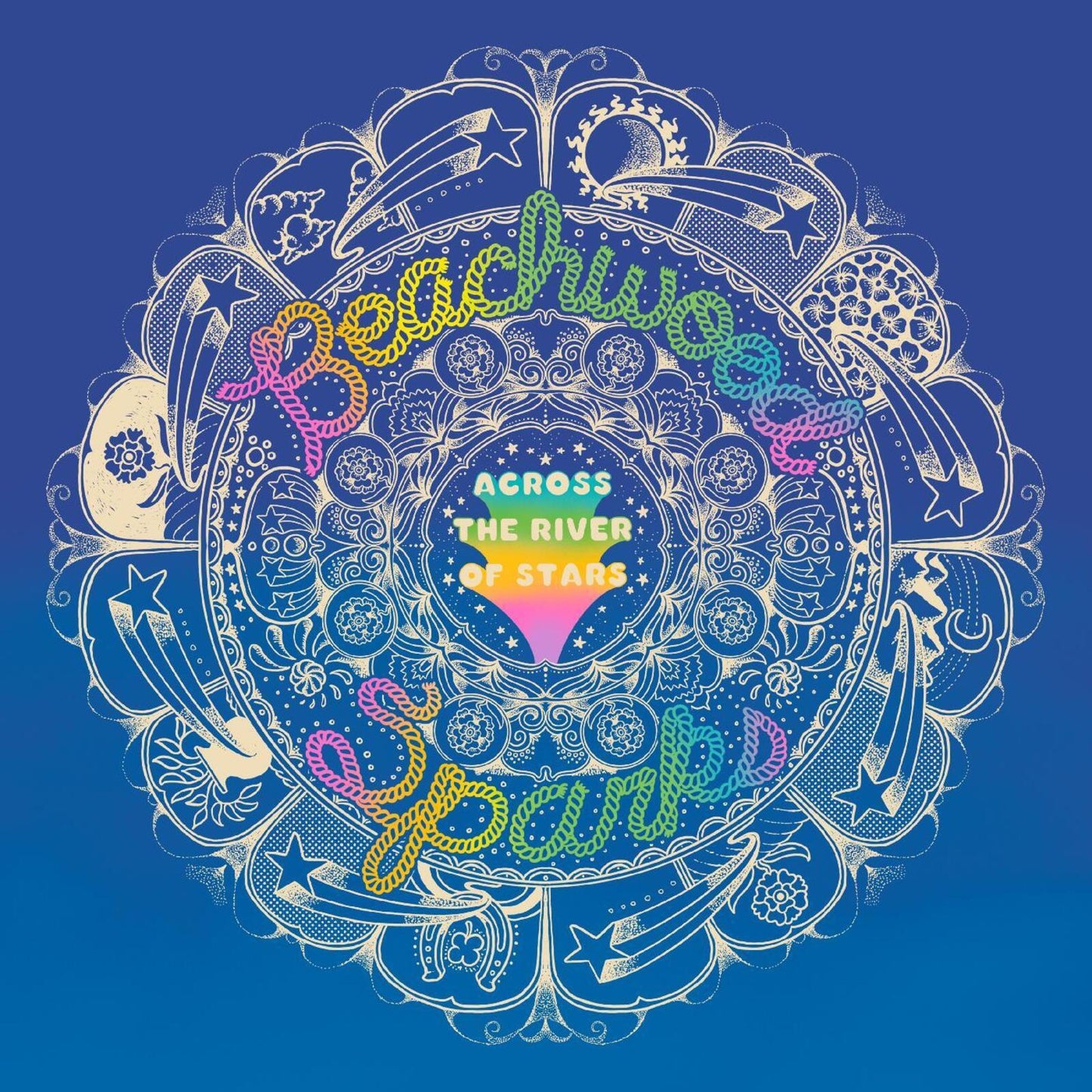 Intricate blue and gold mandala design with “Beachwood Sparks” text.