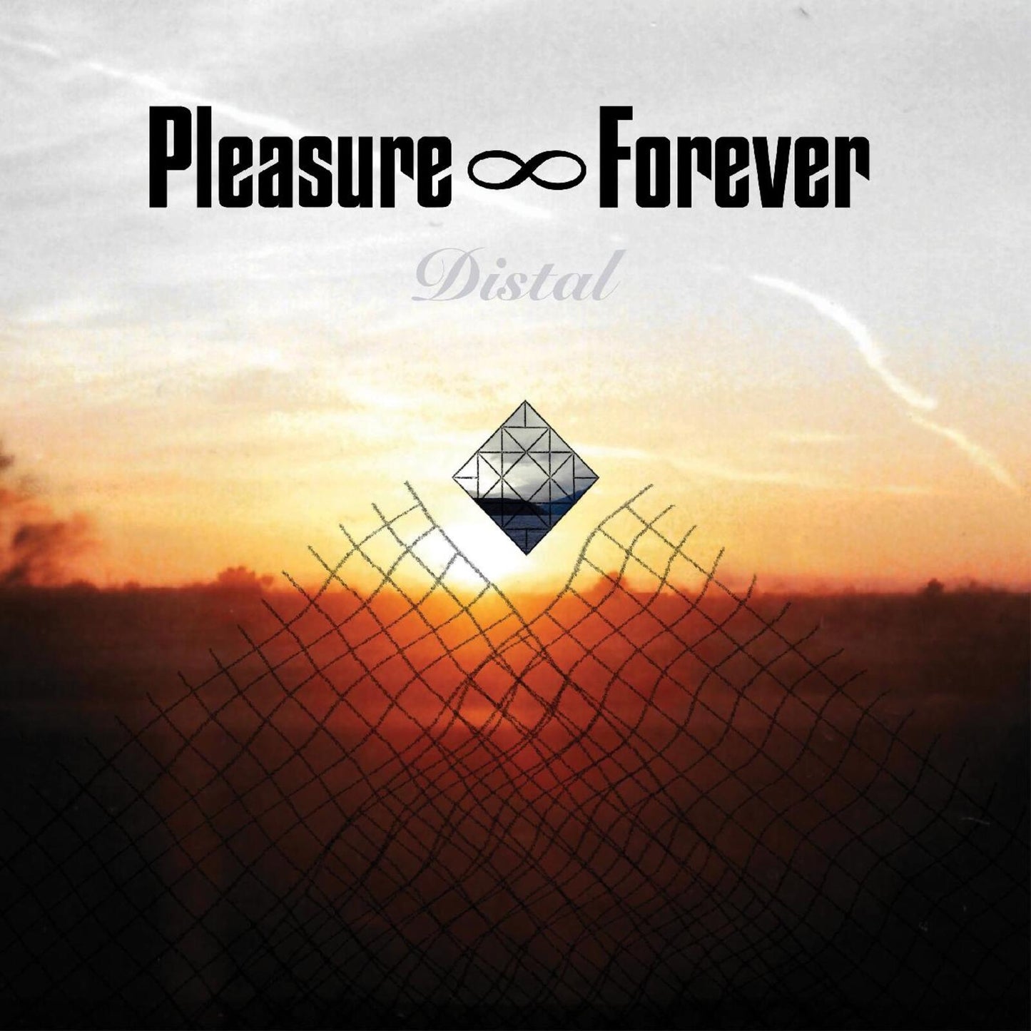 Album cover for āDistalā with sunset, fence, and geometric design.