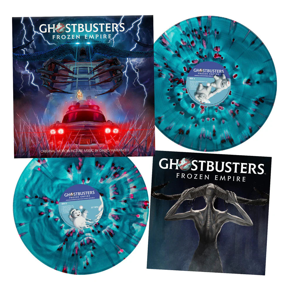 Ghostbusters: Frozen Empire soundtrack vinyl record with blue and black swirl design.