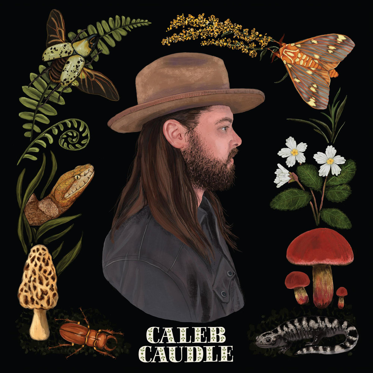 Portrait of a man with a hat, surrounded by illustrated plants and animals.