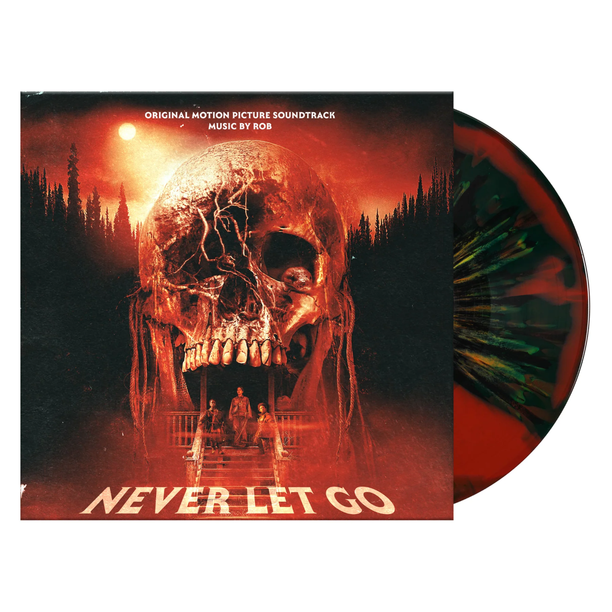Never Let Go" soundtrack vinyl record with skull and forest imagery.