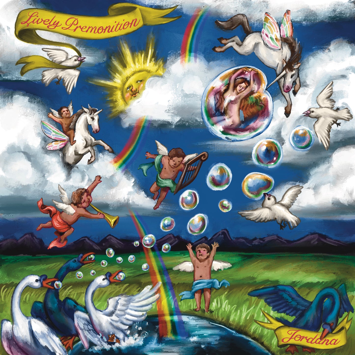 CD cover: fantastical illustration with unicorns, angels, bubbles, and a rainbow.