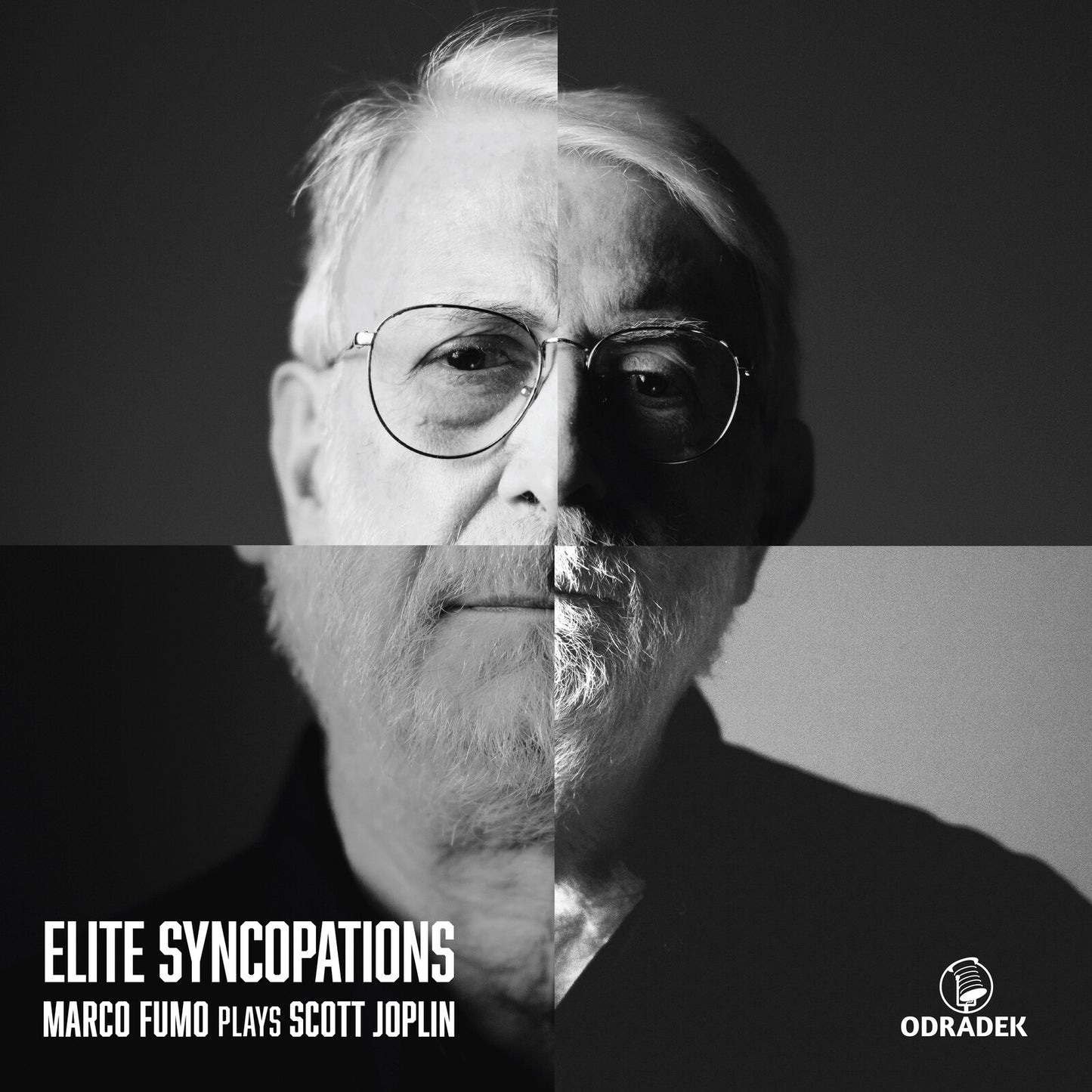 Black and white portrait of pianist Marco Fumo, album cover.