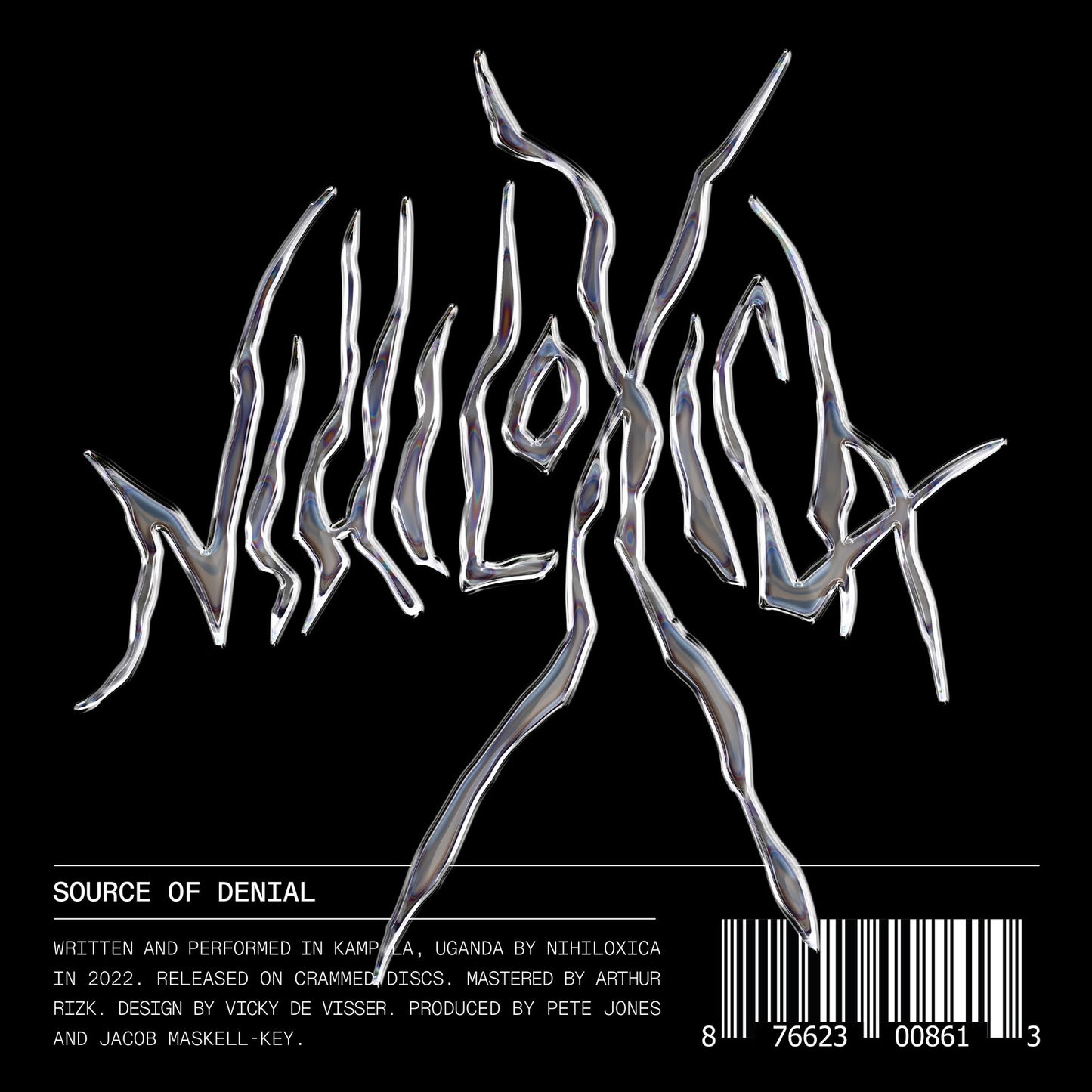 CD cover for Nihiloxica’s “Source Of Denial” featuring metallic, swirling script.