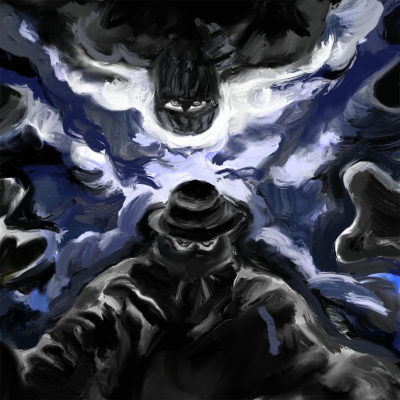 Painted album cover featuring two shadowy figures amidst swirling blues and whites.
