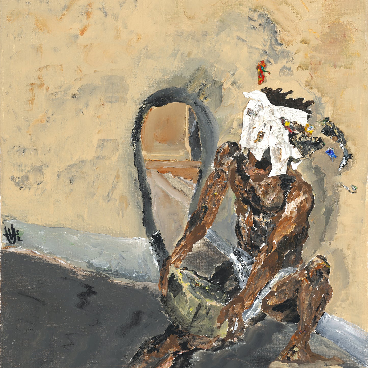 Painting of a seated figure with a mirror and textured, abstract details.