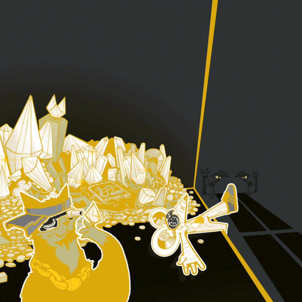 Yellow cartoon mice figures in a stylized, geometric cityscape.