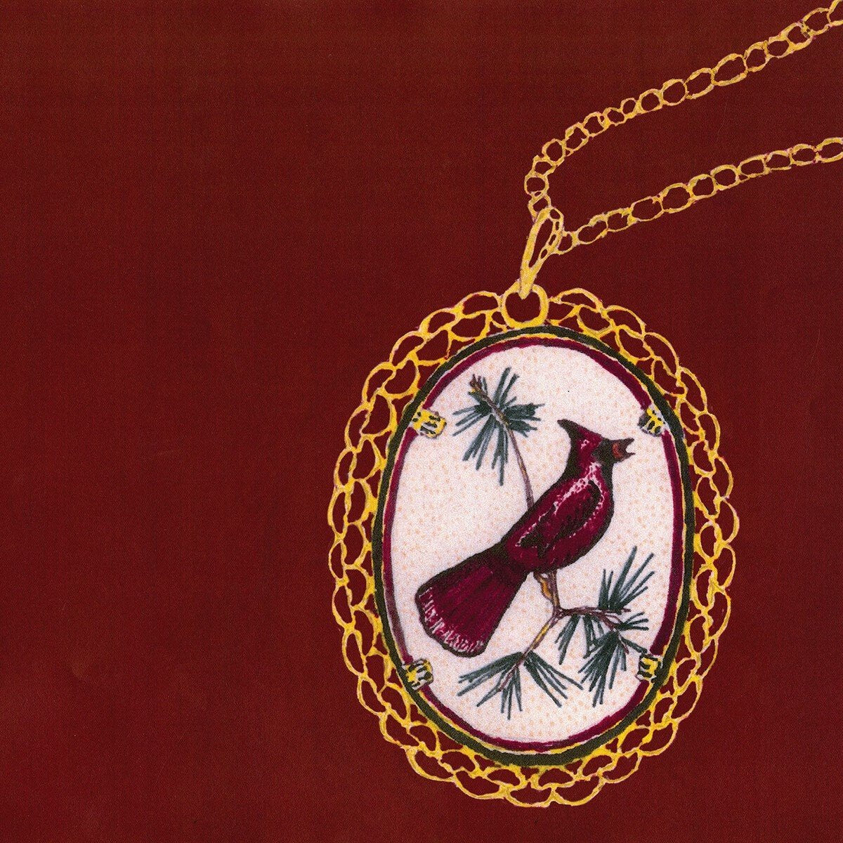 Red album cover with a gold chain and bird in a locket.