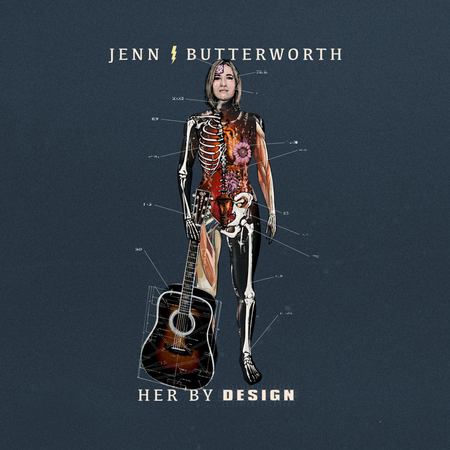 Album cover: woman with anatomical diagrams and a guitar.