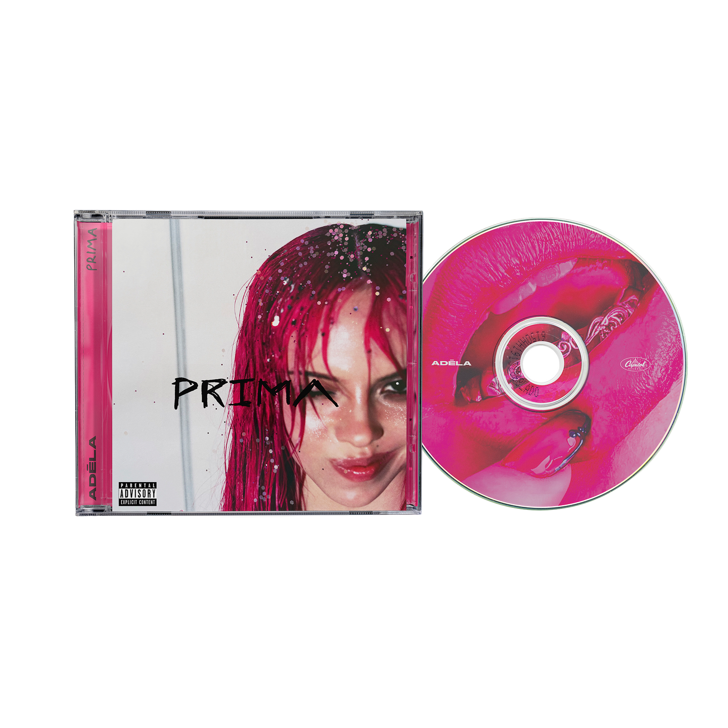Pink album cover with a portrait of a woman and a CD.