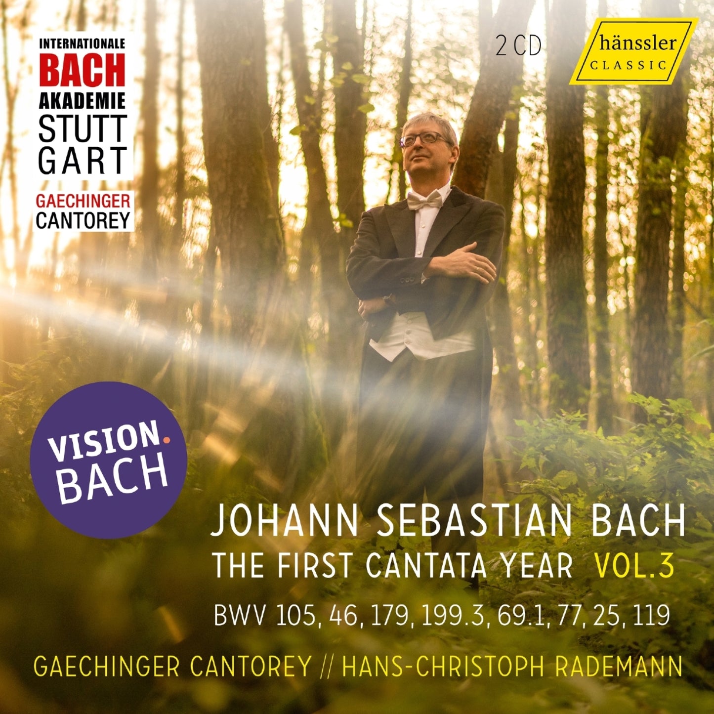 CD cover: man in suit, golden light, text “Bach” and “Cantorey.”