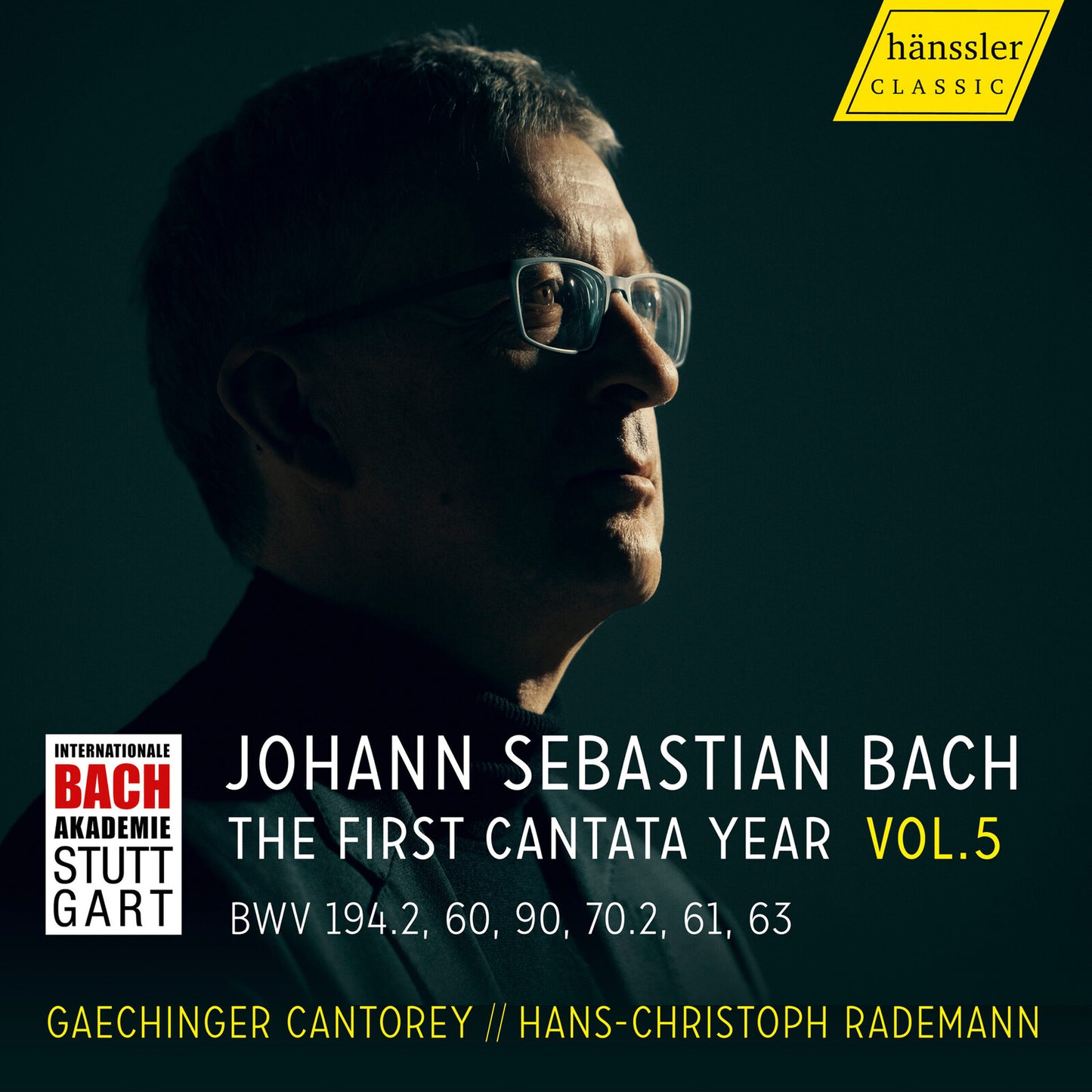 CD cover featuring a portrait of a man with glasses and text: Bach cantata year volume 5.