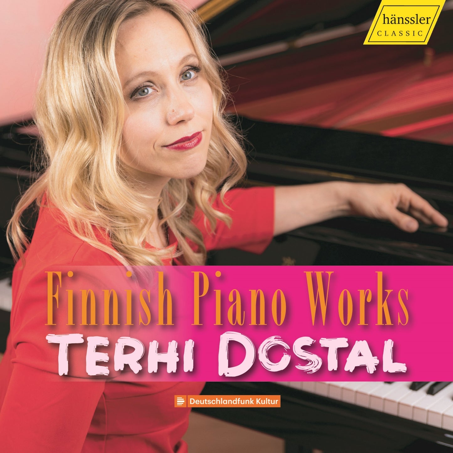 CD cover featuring pianist Terhi Dostal at a grand piano.