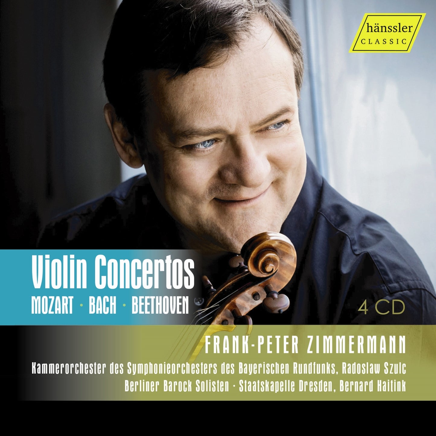 CD cover featuring violinist Frank Peter Zimmermann and violin imagery.
