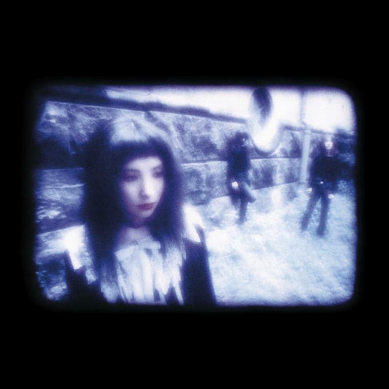 Grainy, blue-toned portrait of a woman with long dark hair, framed by static.