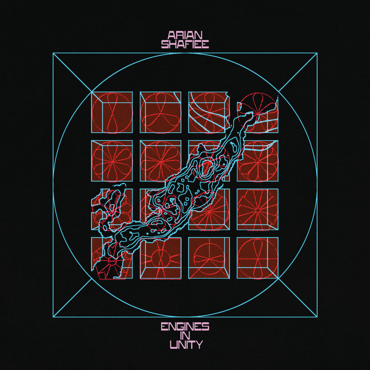 Black album cover with red grid, abstract organic shape, and text.