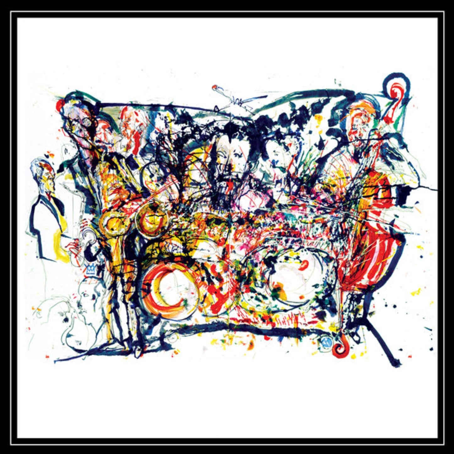 Abstract ink drawing of musicians around a drum kit on vinyl record cover.