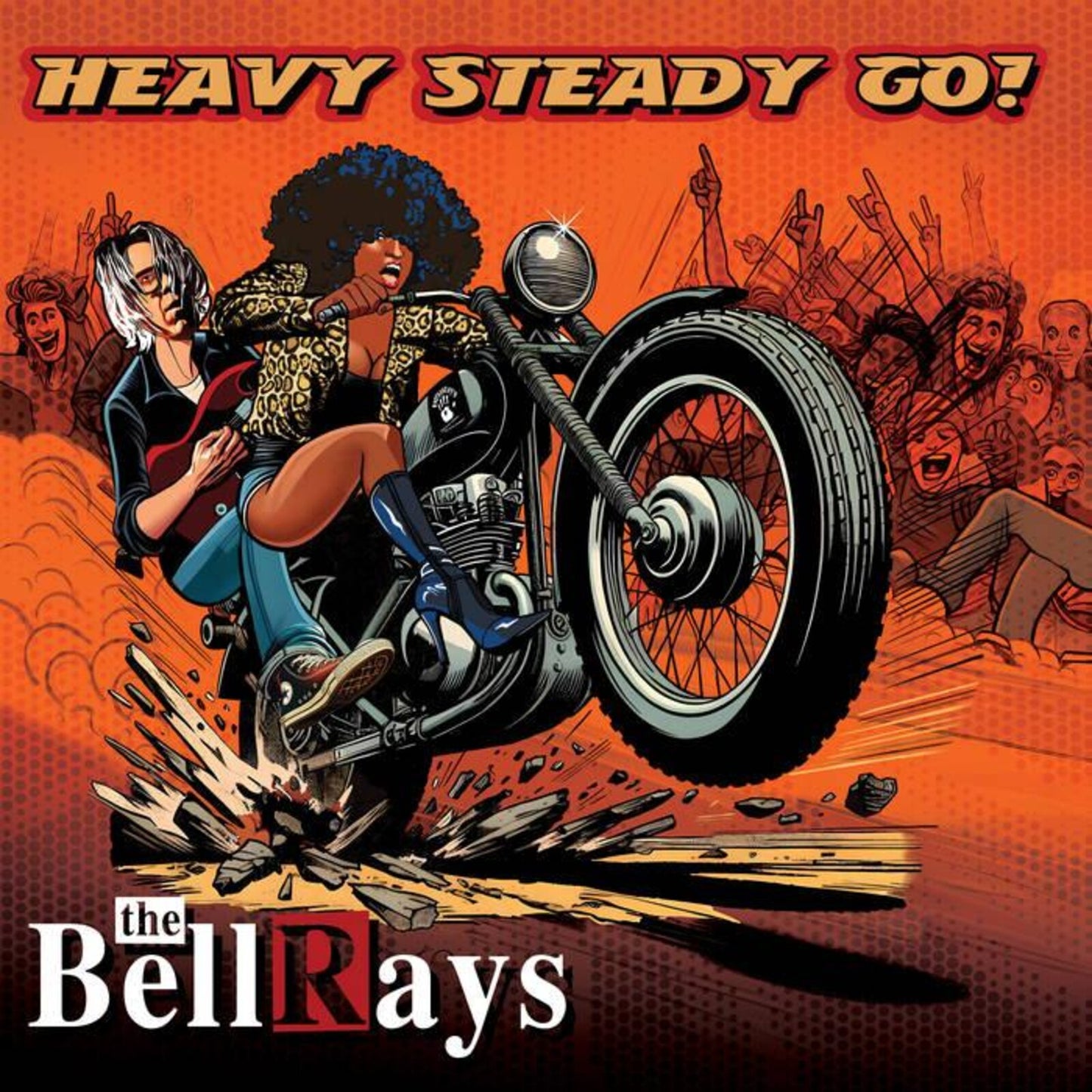 Album cover: two people on a motorcycle amidst a cheering crowd.