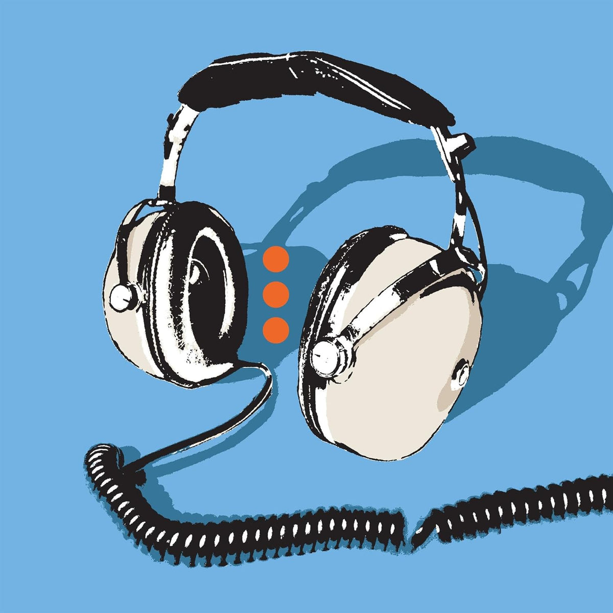 Illustration of vintage-style headphones with a coiled cord on blue background.