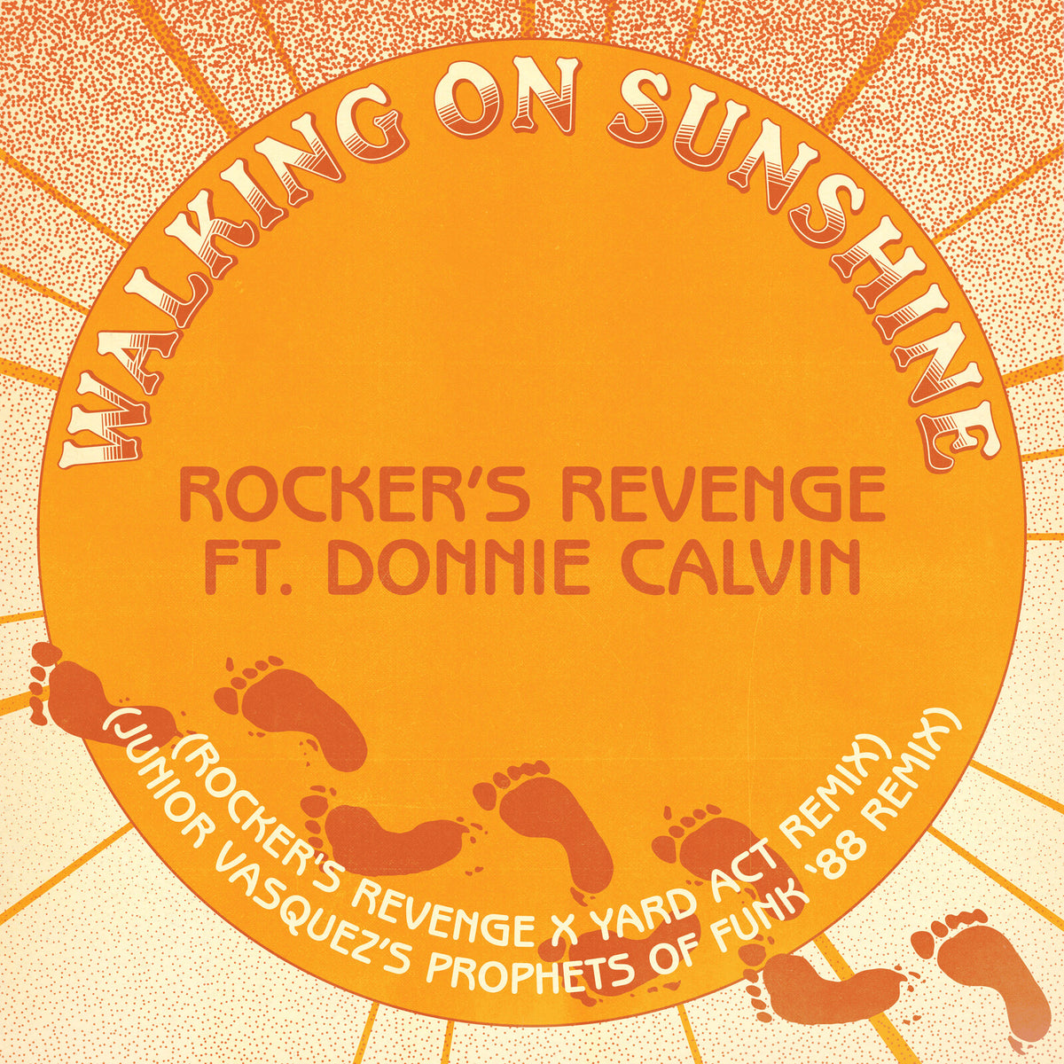 Orange vinyl record label with footprints and text: "Walking On Sunshine.