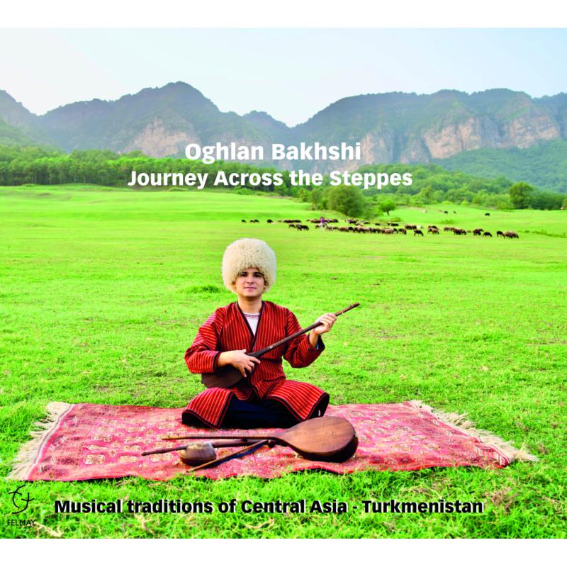 CD cover: Man with a dutar seated on a rug in a steppe landscape.