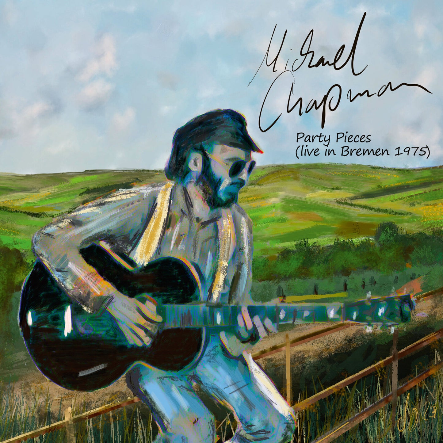 Painted album cover featuring Michael Chapman playing guitar in a field.