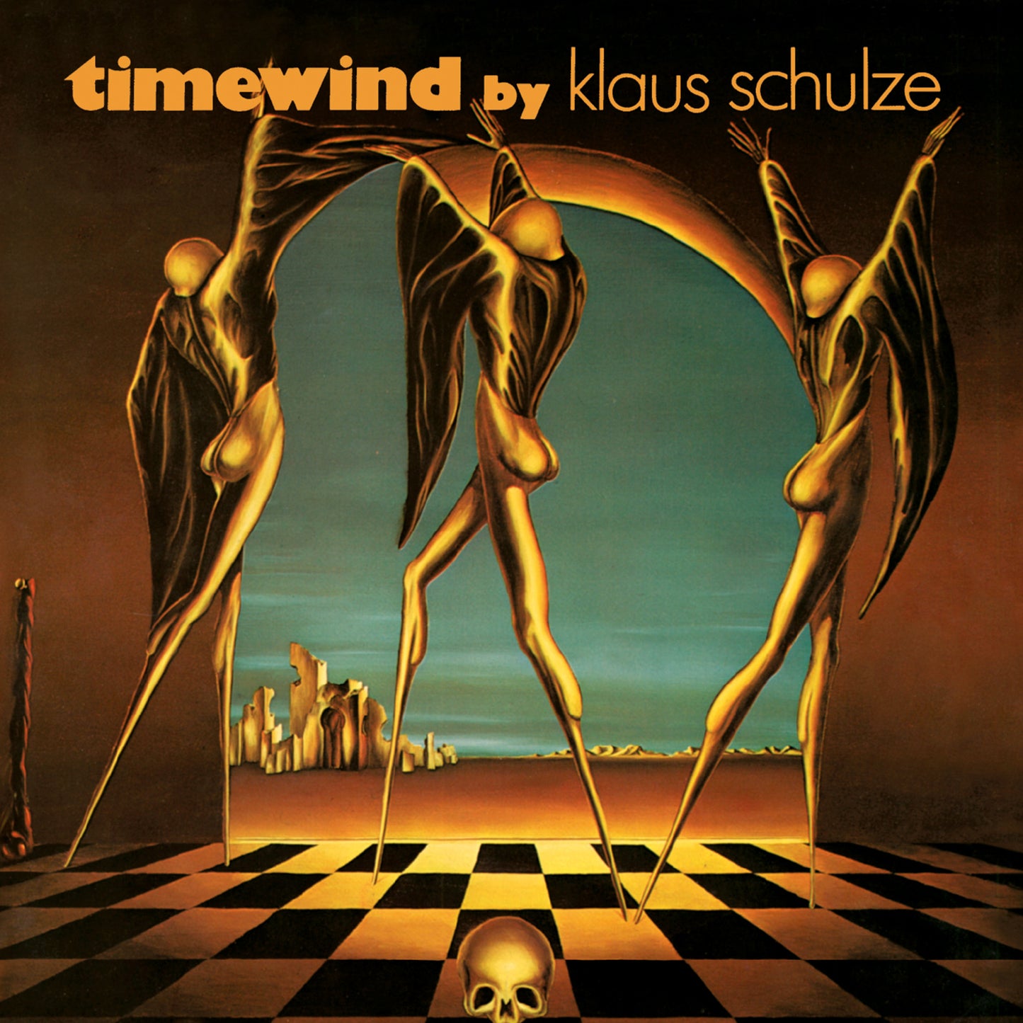 Album cover for Klaus Schulze’s “Timewind” featuring figures and a skull.