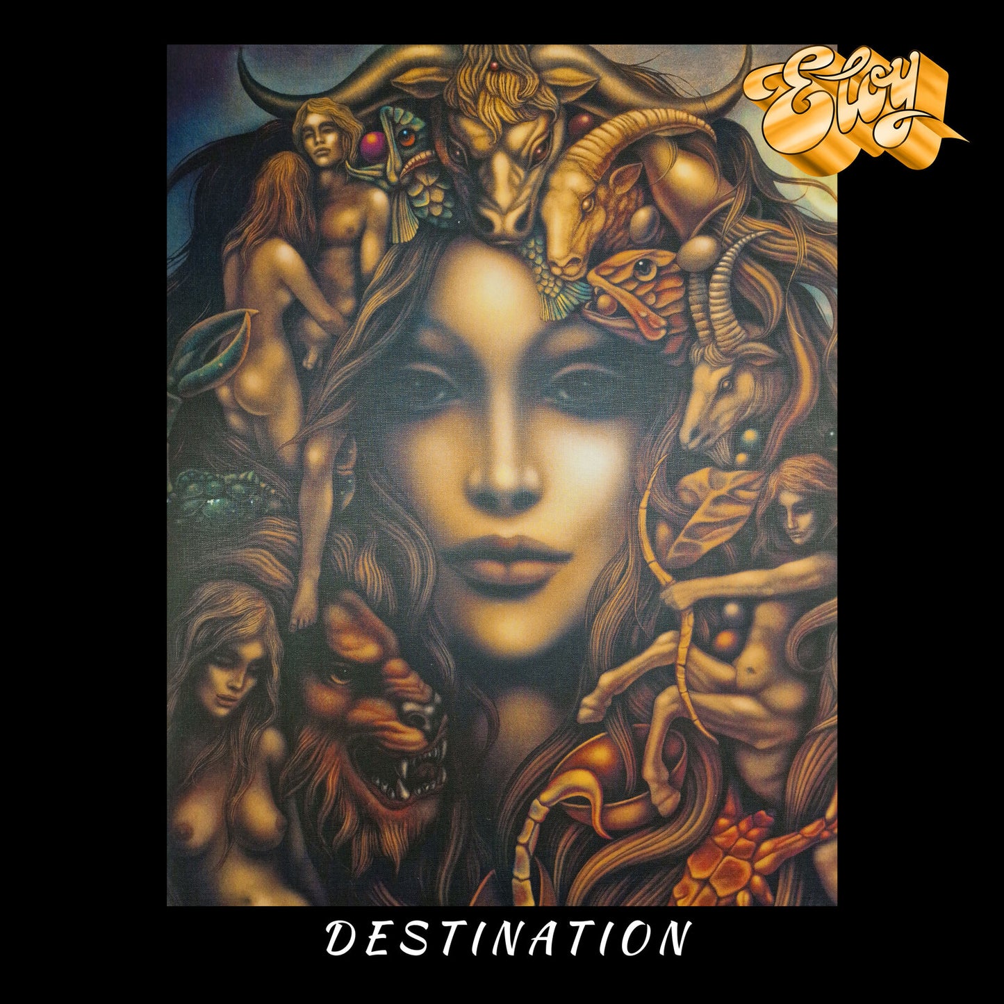 Eloy’s “Destination” vinyl album cover featuring surreal, fantastical imagery.