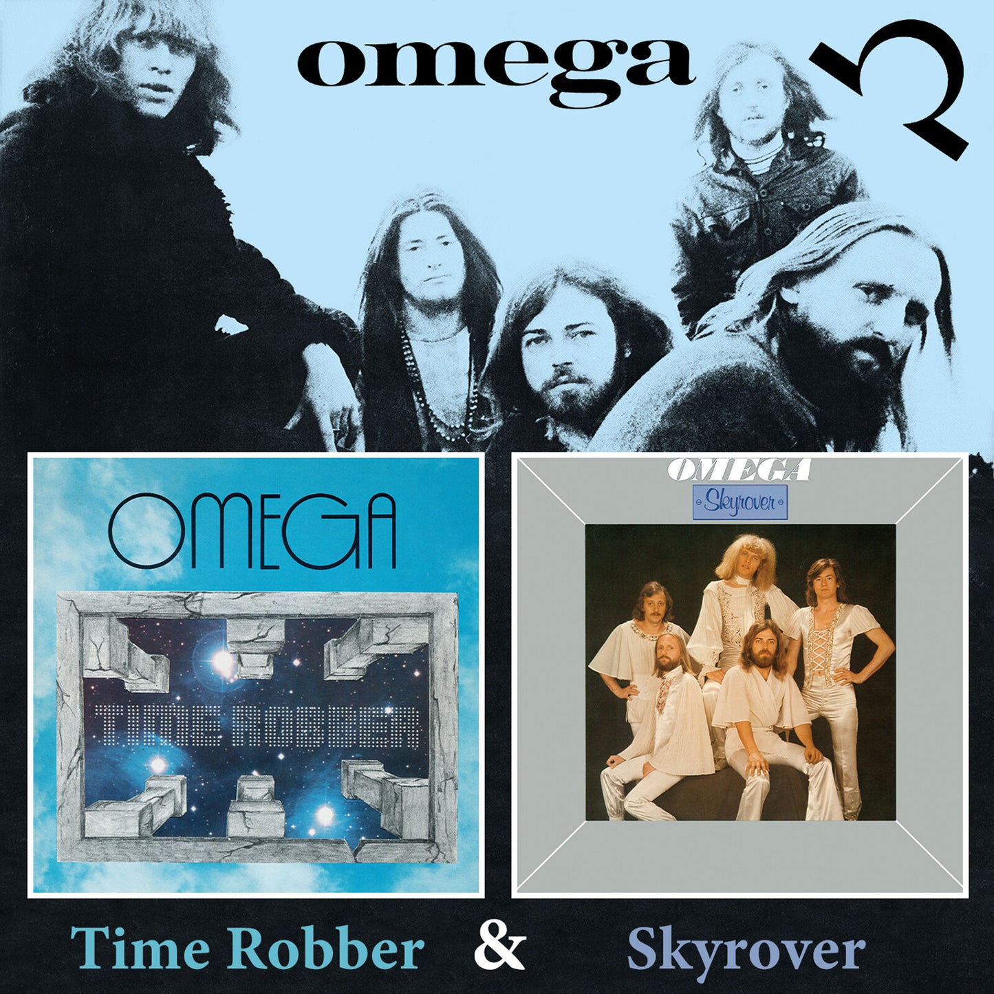 Omega band members and album covers for "Time Robber" & "Skyrover".