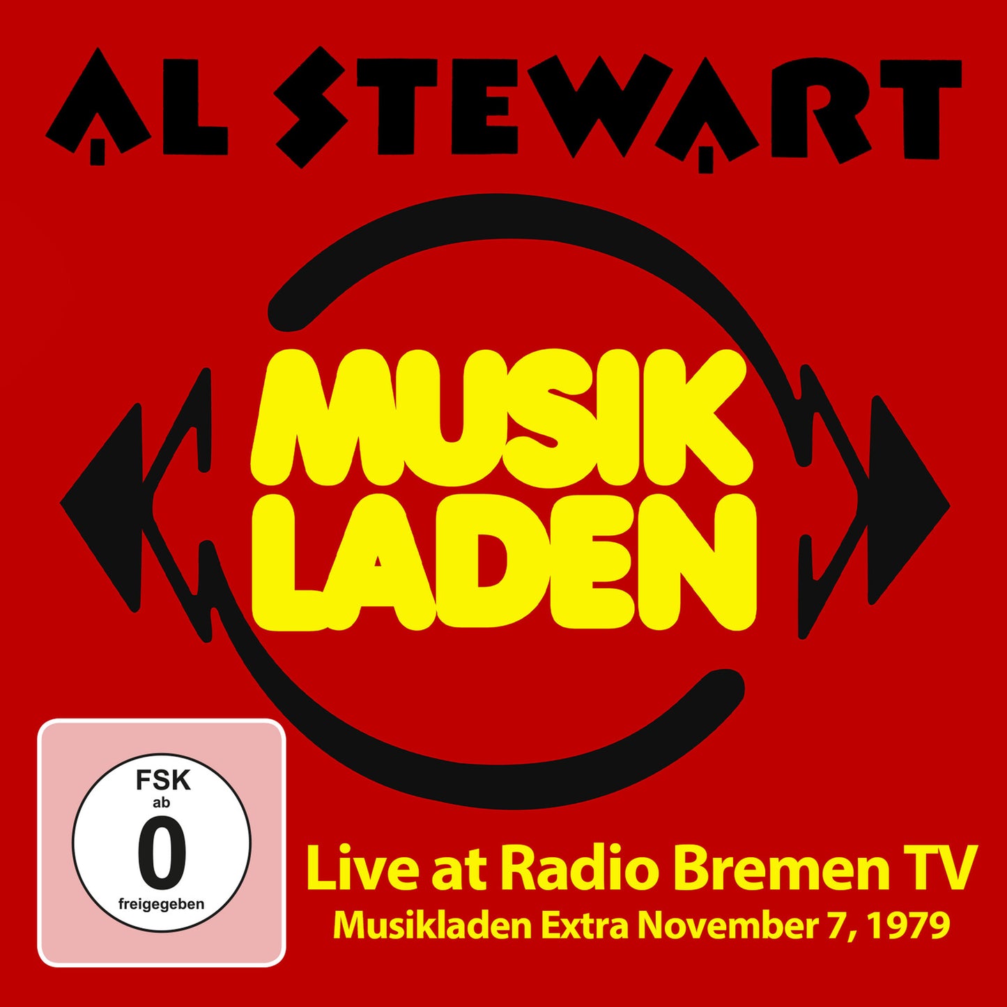 Al Stewart album cover: red background with "Musik" in yellow lettering.