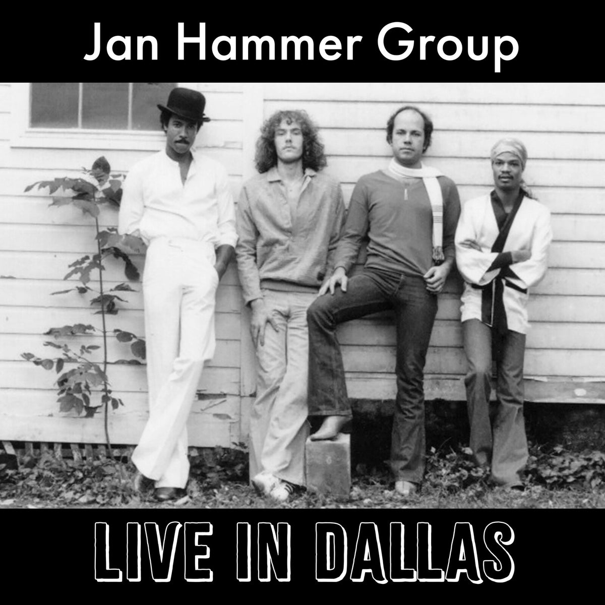 Black and white photo of Jan Hammer Group, album cover for "Live In Dallas".