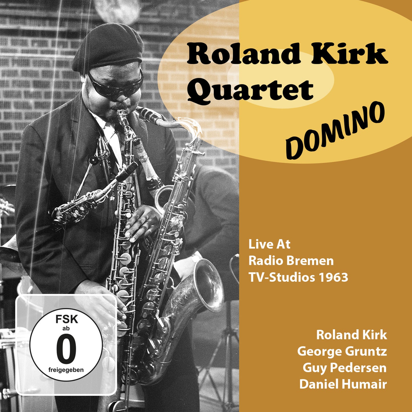 Roland Kirk playing multiple saxophones, album cover for "Domino" live recording.
