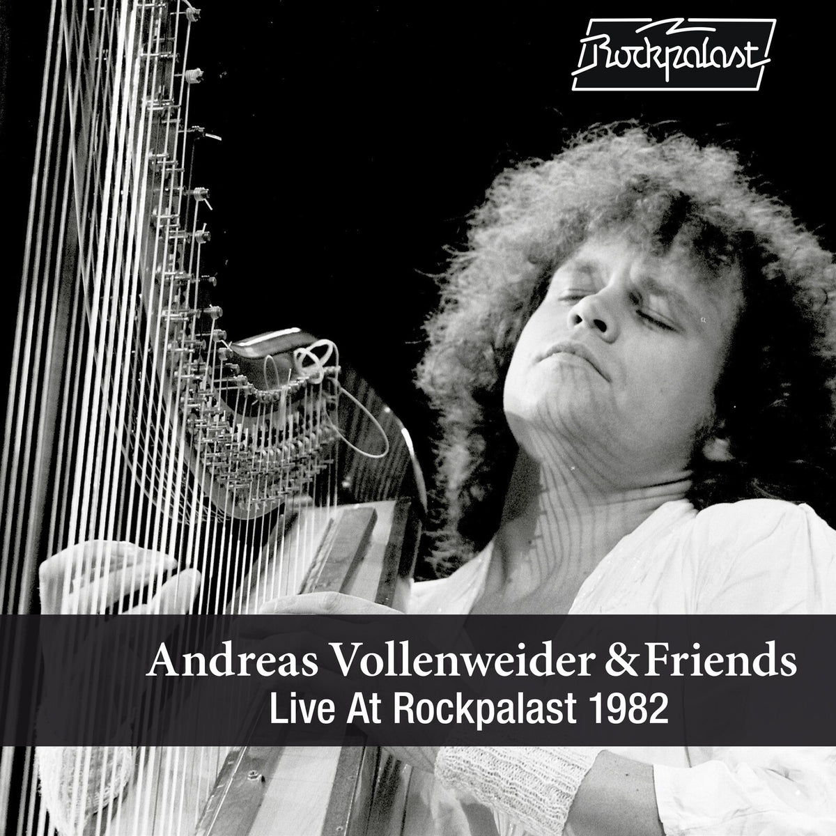 Andreas Vollenweider playing a harp, black and white concert photo.